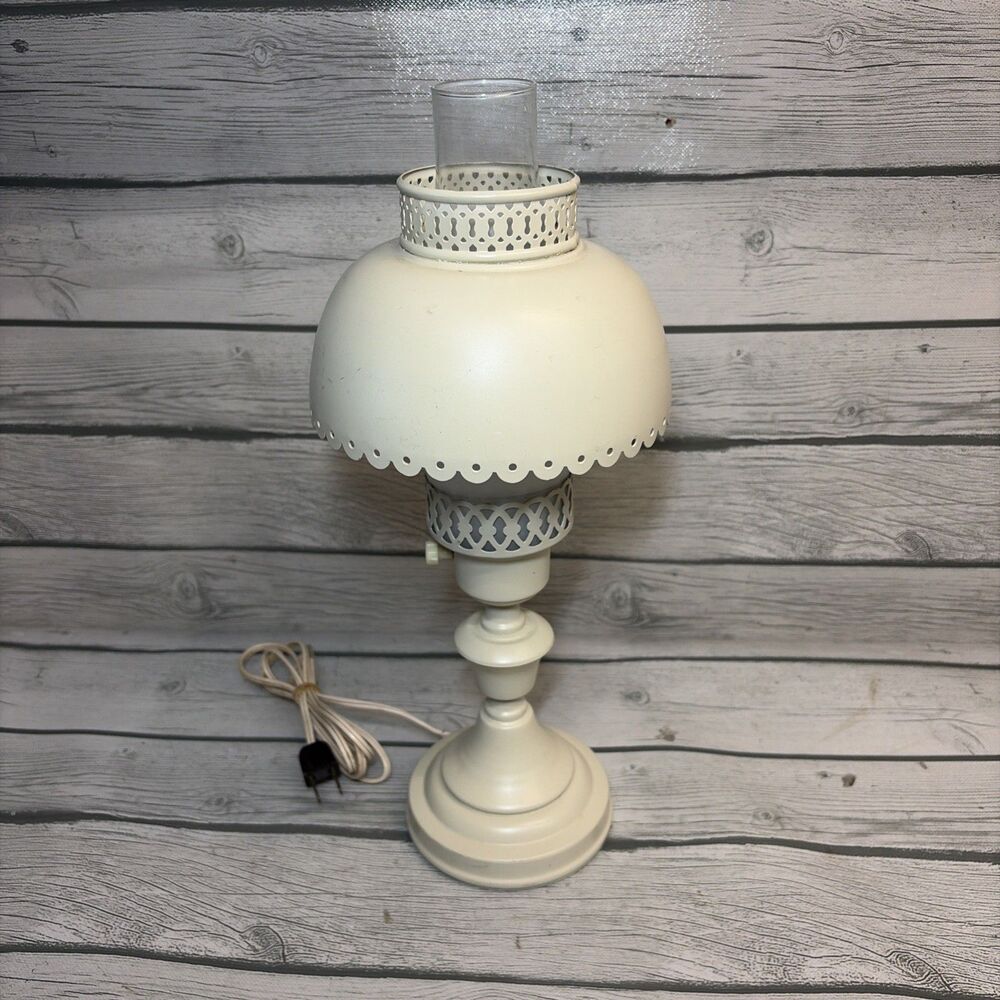 French Country White Cream, Metal Toleware Vintage Hurricane Table Lamp